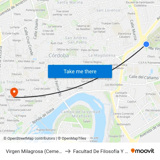 Virgen Milagrosa (Cementerio) to Facultad De Filosofía Y Letras map