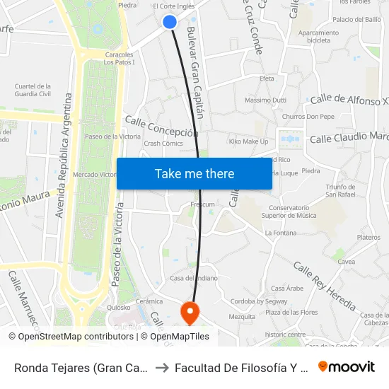 Ronda Tejares (Gran Capitán) to Facultad De Filosofía Y Letras map