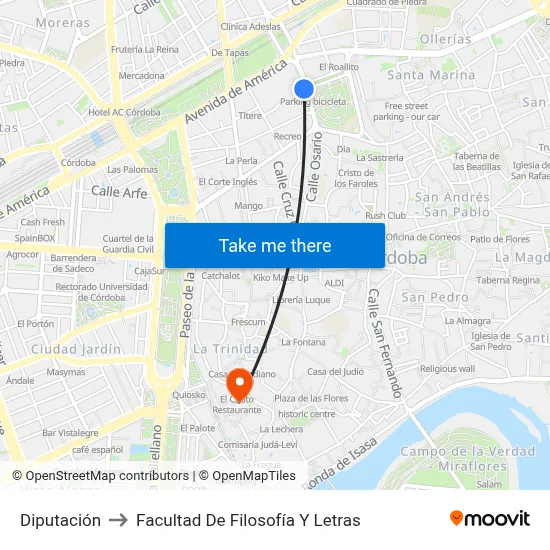 Diputación to Facultad De Filosofía Y Letras map