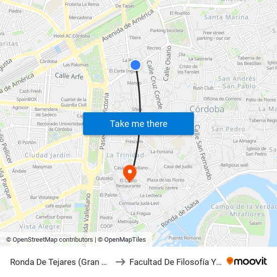 Ronda De Tejares (Gran Capitán) to Facultad De Filosofía Y Letras map