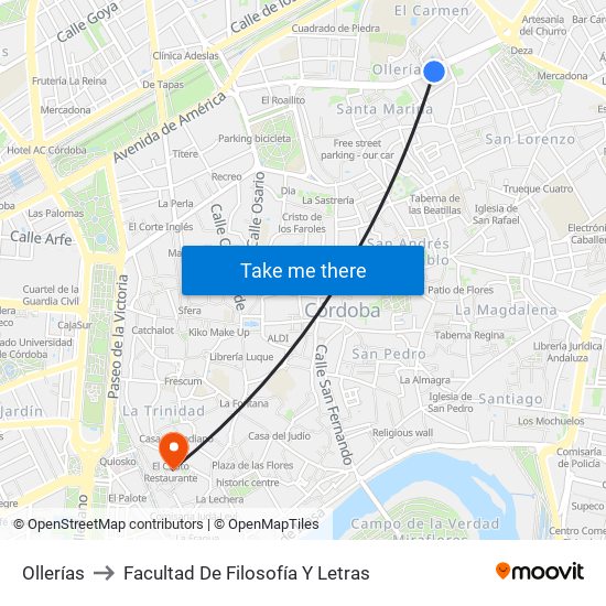 Ollerías to Facultad De Filosofía Y Letras map