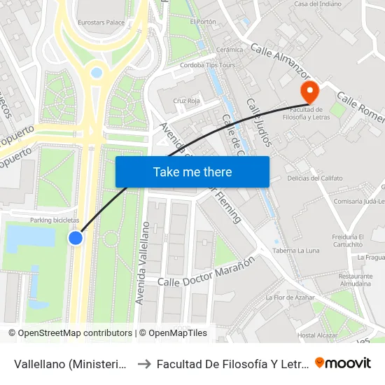 Vallellano (Ministerios) to Facultad De Filosofía Y Letras map