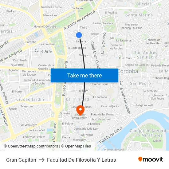 Gran Capitán to Facultad De Filosofía Y Letras map
