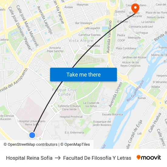 Hospital Reina Sofía to Facultad De Filosofía Y Letras map