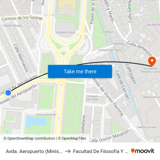 Avda. Aeropuerto (Ministerios) to Facultad De Filosofía Y Letras map