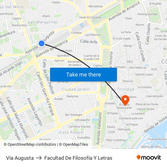 Vía Augusta to Facultad De Filosofía Y Letras map