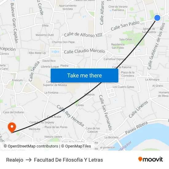 Realejo to Facultad De Filosofía Y Letras map