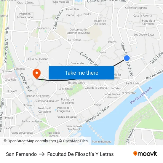 San Fernando to Facultad De Filosofía Y Letras map