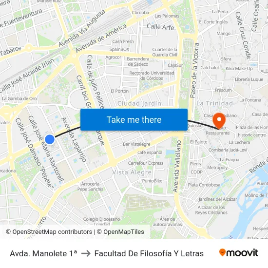 Avda. Manolete 1ª to Facultad De Filosofía Y Letras map