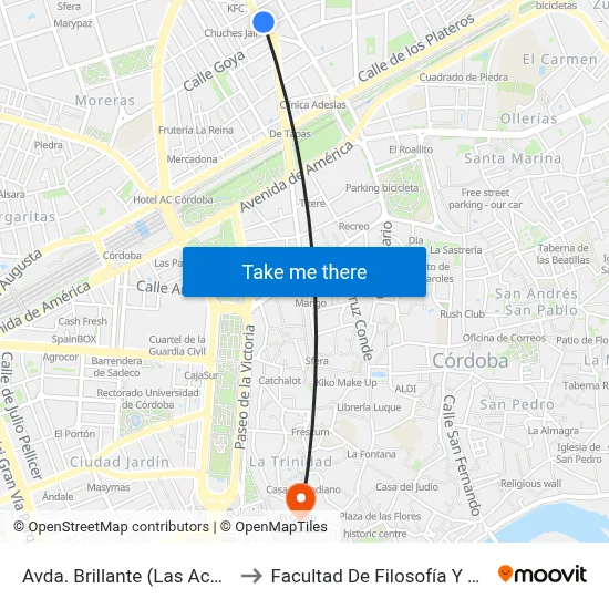 Avda. Brillante (Las Acacias) to Facultad De Filosofía Y Letras map