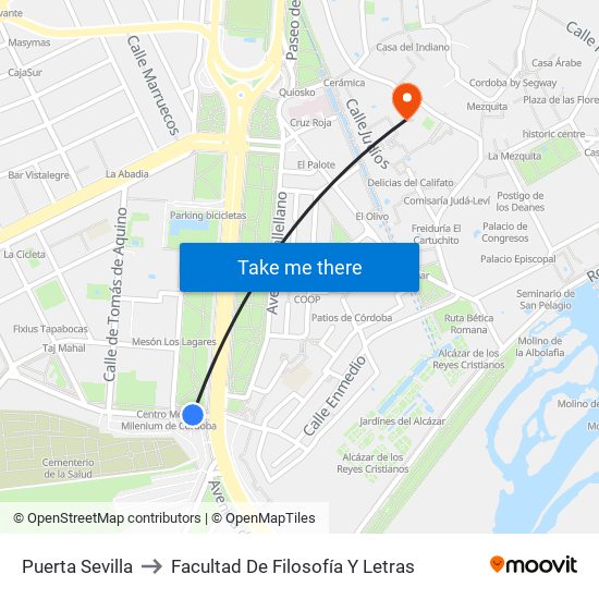 Puerta Sevilla to Facultad De Filosofía Y Letras map