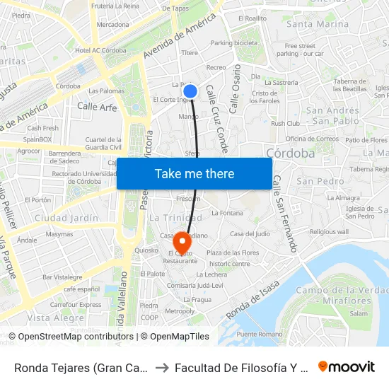 Ronda Tejares (Gran Capitán) to Facultad De Filosofía Y Letras map
