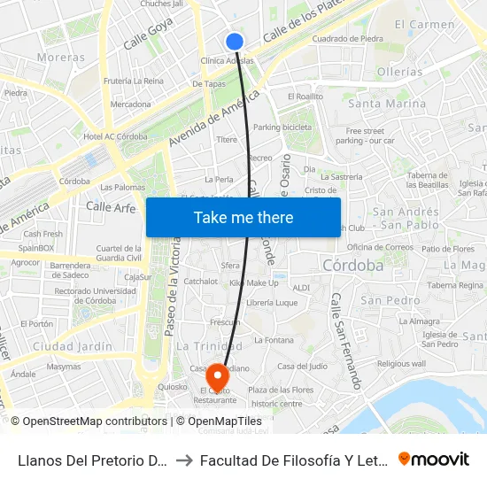 Llanos Del Pretorio D.C. to Facultad De Filosofía Y Letras map