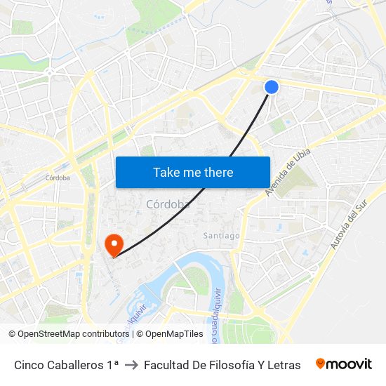 Cinco Caballeros 1ª to Facultad De Filosofía Y Letras map