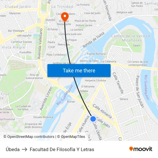 Úbeda to Facultad De Filosofía Y Letras map