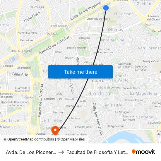 Avda. De Los Piconeros to Facultad De Filosofía Y Letras map