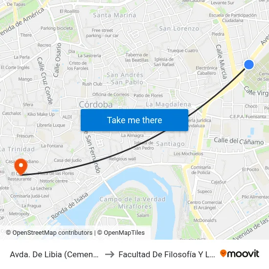 Avda. De Libia (Cementerio) to Facultad De Filosofía Y Letras map