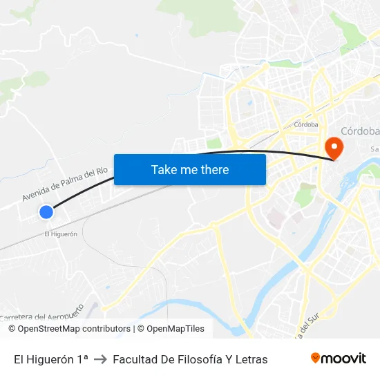 El Higuerón 1ª to Facultad De Filosofía Y Letras map