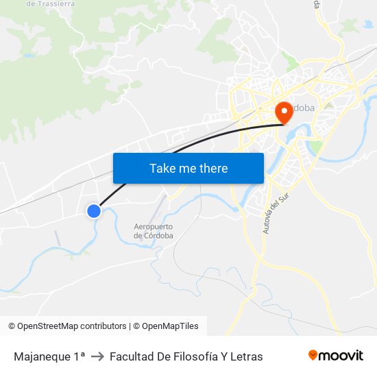 Majaneque 1ª to Facultad De Filosofía Y Letras map