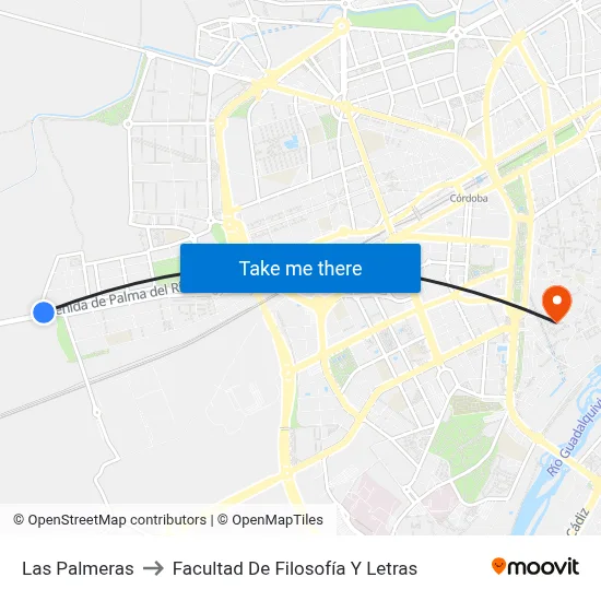 Las Palmeras to Facultad De Filosofía Y Letras map