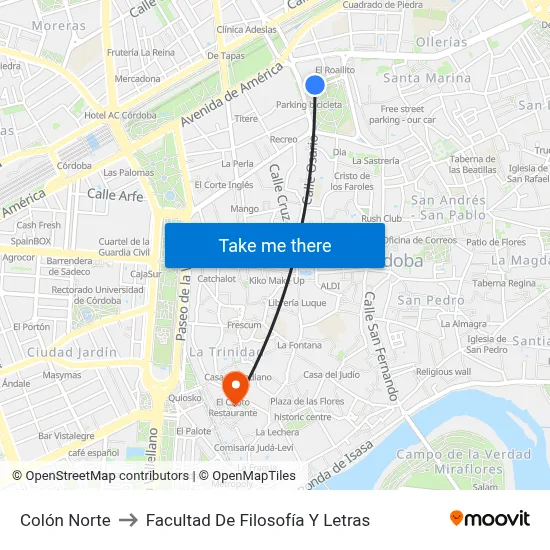 Colón Norte to Facultad De Filosofía Y Letras map