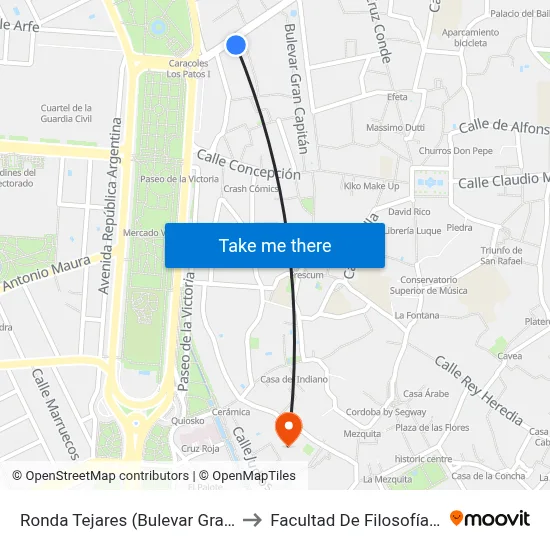 Ronda Tejares (Bulevar Gran Capitán) to Facultad De Filosofía Y Letras map