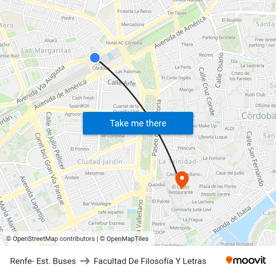 Renfe- Est. Buses to Facultad De Filosofía Y Letras map