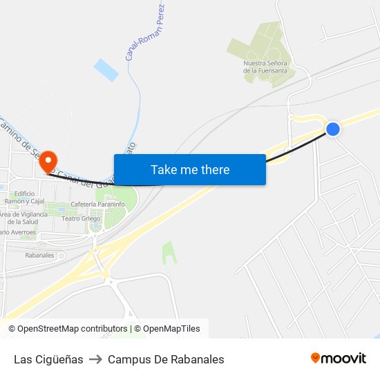 Las Cigüeñas to Campus De Rabanales map