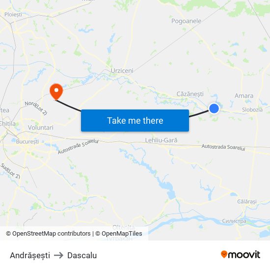 Andrășești to Dascalu map