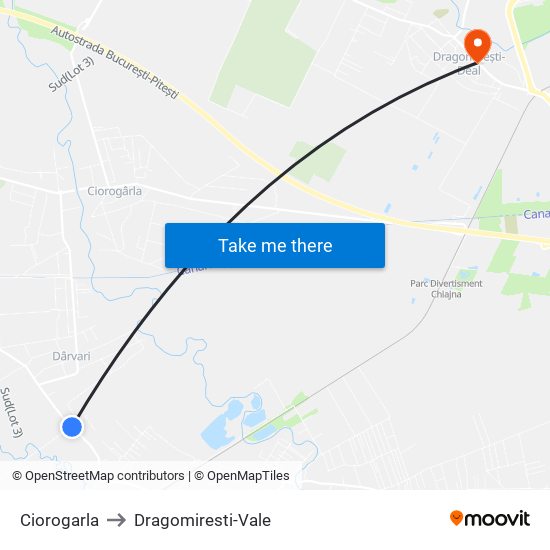 Ciorogarla to Dragomiresti-Vale map