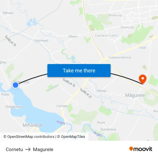 Cornetu to Magurele map