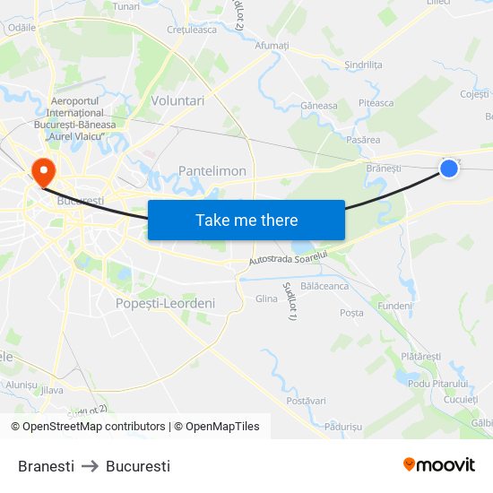 Branesti to Bucuresti map