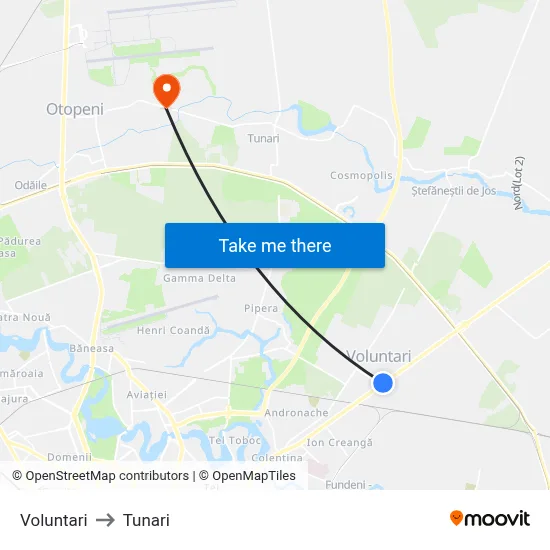 Voluntari to Tunari map
