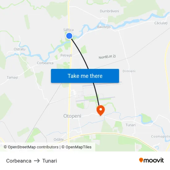 Corbeanca to Tunari map