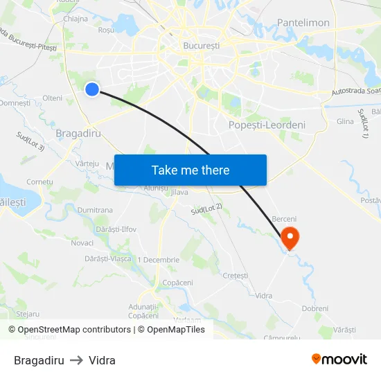 Bragadiru to Vidra map