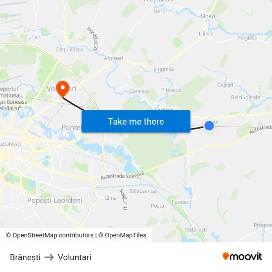 Brănești to Voluntari map
