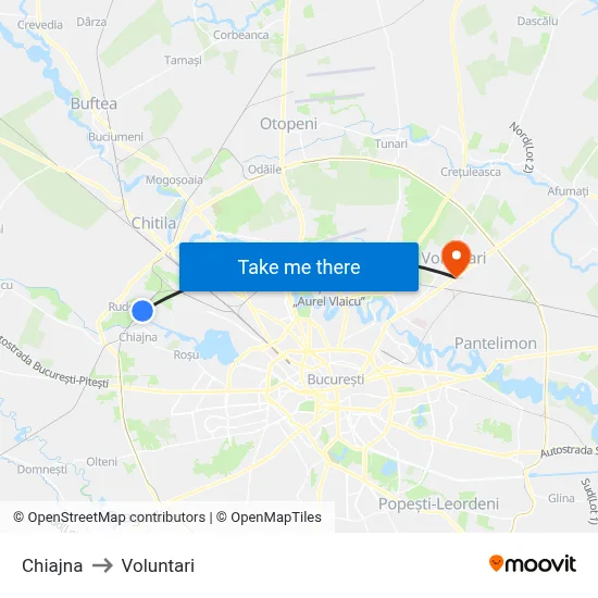 Chiajna to Voluntari map