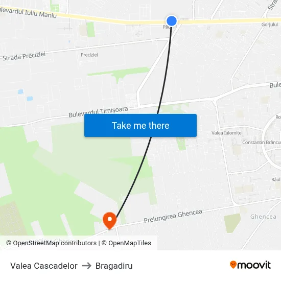 Valea Cascadelor to Bragadiru map