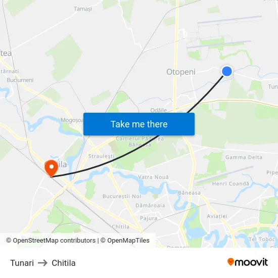 Tunari to Chitila map