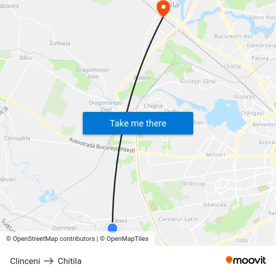 Clinceni to Chitila map