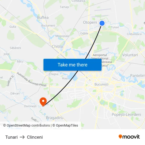 Tunari to Clinceni map