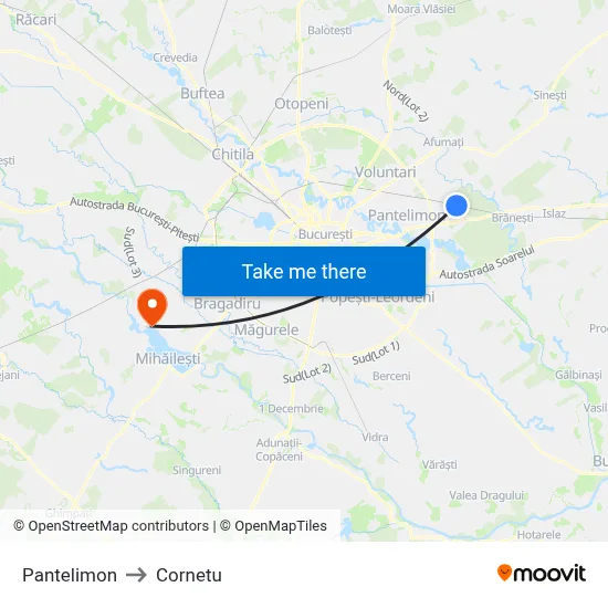 Pantelimon to Cornetu map