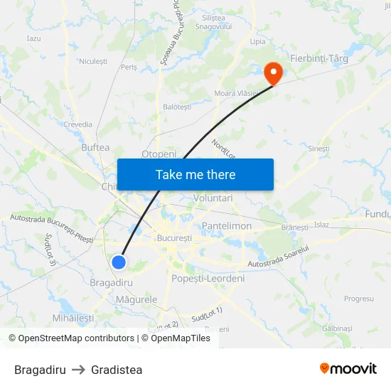 Bragadiru to Gradistea map