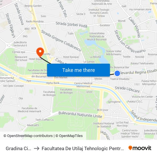 Gradina Cismigiu to Facultatea De Utilaj Tehnologic Pentru Construcții - Utcb map