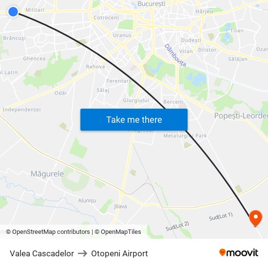 Valea Cascadelor to Otopeni Airport map