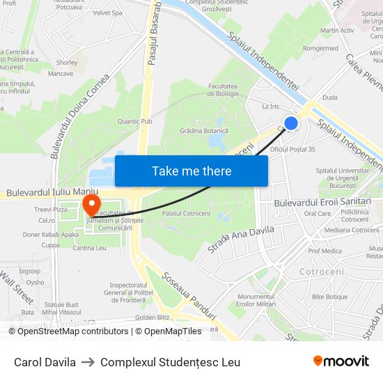 Carol Davila to Complexul Studențesc Leu map