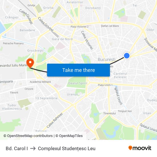 Bd. Carol I to Complexul Studențesc Leu map