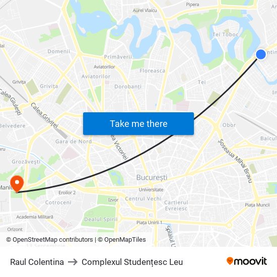 Raul Colentina to Complexul Studențesc Leu map