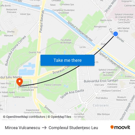 Mircea Vulcanescu to Complexul Studențesc Leu map