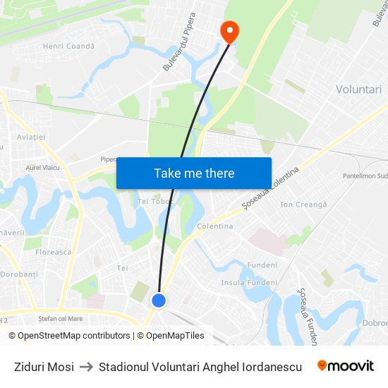 Ziduri Mosi to Stadionul Voluntari Anghel Iordanescu map